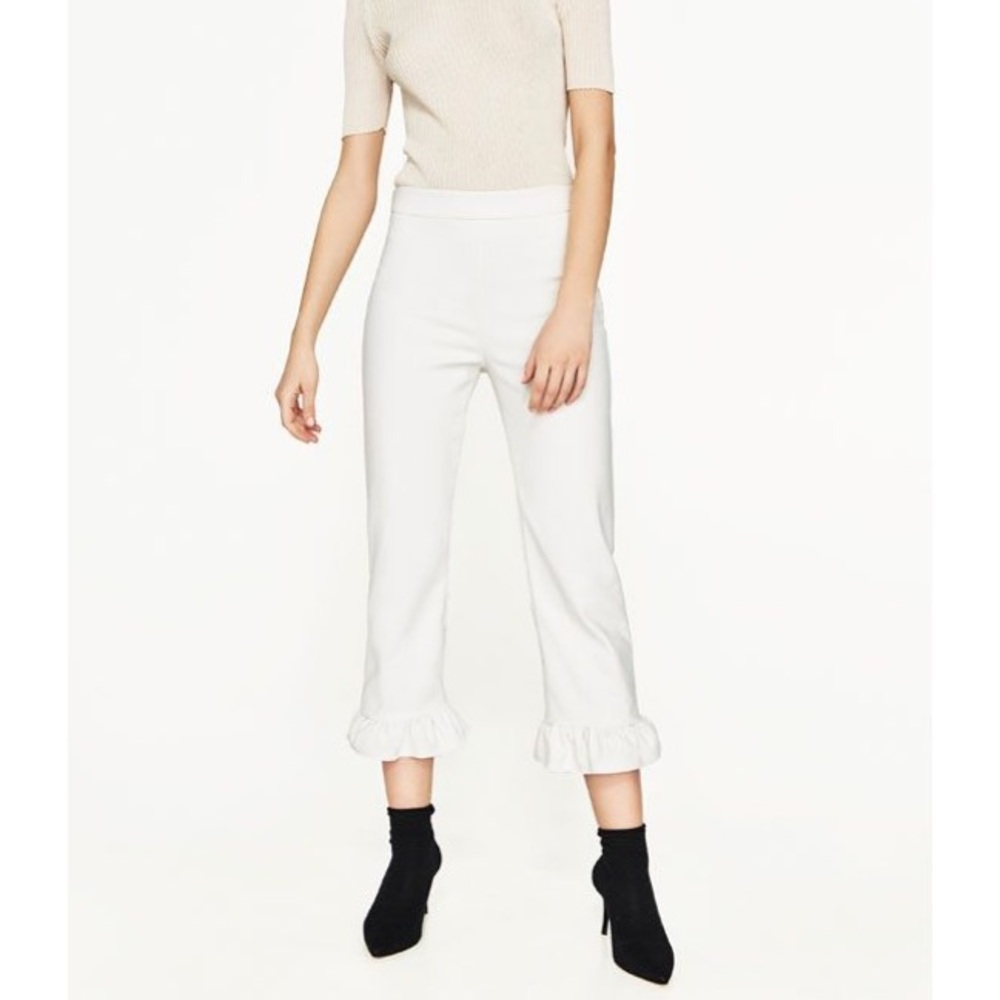 Zara Cropped White Ruffle-Bottom Pants